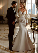 Elegant Long Sleeves Court Train Satin Wedding Dresses-Dbrbridal