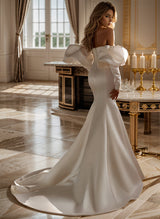 Elegant Long Sleeves Court Train Satin Wedding Dresses-Dbrbridal