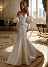 Elegant Long Sleeves Court Train Satin Wedding Dresses-Dbrbridal