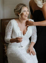 Elegant Mermaid Fitted Lace Sleeves Plus Size Wedding Dresses V-Neck-Dbrbridal