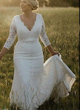 Elegant Mermaid Fitted Lace Sleeves Plus Size Wedding Dresses V-Neck-Dbrbridal