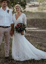 Elegant Mermaid Fitted Lace Sleeves Plus Size Wedding Dresses V-Neck-Dbrbridal