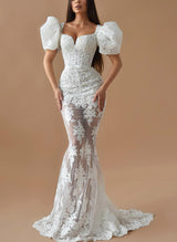 Elegant Mermaid Fitted Lace Wedding Dresses Featuring Short Sleeves-Dbrbridal