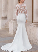 Elegant Mermaid Fitted V-Neck Wedding Dresses Long Sleeves in Tulle Elastic Satin-Dbrbridal