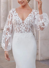 Elegant Mermaid Fitted V-Neck Wedding Dresses Long Sleeves in Tulle Elastic Satin-Dbrbridal