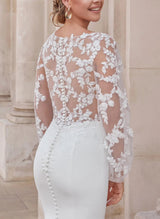 Elegant Mermaid Fitted V-Neck Wedding Dresses Long Sleeves in Tulle Elastic Satin-Dbrbridal