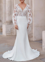 Elegant Mermaid Fitted V-Neck Wedding Dresses Long Sleeves in Tulle Elastic Satin-Dbrbridal