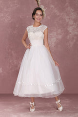 Elegant Net Round Neck Mini Wedding Dress Short Simple Birdal Gowns-Dbrbridal