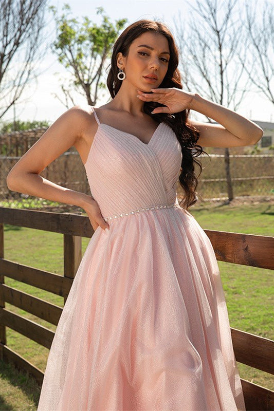 Elegant Pink Sleeveless Ruched Long Evening Dress Online – Dbrbridal