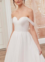 Elegant Satin Tulle Wedding Dress Chic A-line Off-the-Shoulder Design-Dbrbridal