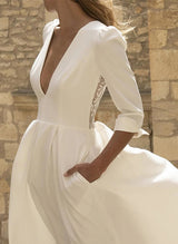 Elegant Satin Wedding Dress Appliques Lace Chic A-line V-neck 3 4 Sleeves-Dbrbridal