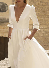 Elegant Satin Wedding Dress Appliques Lace Chic A-line V-neck 3 4 Sleeves-Dbrbridal