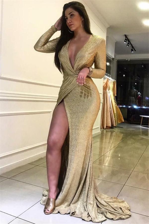 Elegant Sexy Deep V-Neck Mermaid Long Sleeves Front-Slipt Formal Dress –  Dbrbridal
