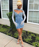 Elegant Sky Blue High Neck Long Sleeves Tulle Prom Dress with Pearls-Dbrbridal