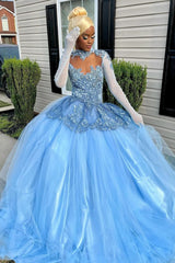 Elegant Sky Blue High Neck Long Sleeves Tulle Prom Dress with Pearls-Dbrbridal