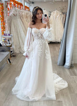 Elegant Sweetheart Chic A-line Wedding Dress Long Sleeves Sweep Train Tulle Fabric Lace Appliques-Dbrbridal