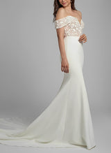 Elegant Sweetheart Elastic Satin Wedding Dresses Appliques Lace-Dbrbridal