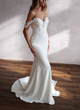 Elegant Sweetheart Long Sleeve Lace Elastic Satin Wedding Dress Sheath Silhouette Sweep Train-Dbrbridal