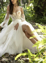 Elegant Sweetheart Long Sleeves Lace Wedding Dress Split Front-Dbrbridal