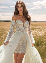 Elegant Sweetheart Long Sleeves Lace Wedding Dresses Detachable Train-Dbrbridal