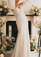 Elegant Sweetheart Long Sleeves Mermaid Fitted Wedding Dresses Appliques Lace-Dbrbridal