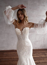 Elegant Sweetheart Long Sleeves Mermaid Fitted Wedding Dresses Appliques Lace-Dbrbridal