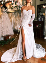 Elegant Sweetheart Long Sleeves Satin Wedding Dresses Split Front-Dbrbridal