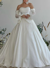 Elegant Sweetheart Long Sleeves Silk Like Satin Wedding Dress Beaded-Dbrbridal