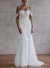 Elegant Sweetheart Mermaid Fitted Lace Tulle Wedding Dress Appliques Lace Sweep Train-Dbrbridal