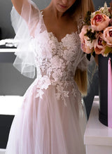 Elegant Sweetheart neckline short sleeves lace tulle wedding dress Chic A-line silhouette sweep train-Dbrbridal