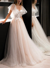 Elegant Sweetheart neckline short sleeves lace tulle wedding dress Chic A-line silhouette sweep train-Dbrbridal