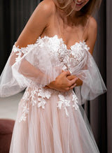 Elegant Sweetheart neckline short sleeves lace tulle wedding dress Chic A-line silhouette sweep train-Dbrbridal