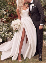 Elegant Sweetheart Satin Sweep Train Wedding Dresses Split Front-Dbrbridal
