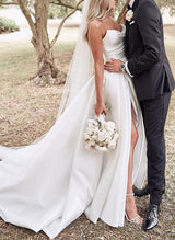 Elegant Sweetheart Satin Sweep Train Wedding Dresses Split Front-Dbrbridal