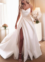 Elegant Sweetheart Satin Sweep Train Wedding Dresses Split Front-Dbrbridal