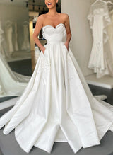 Elegant Sweetheart Satin Wedding Dresses Pockets Beading-Dbrbridal