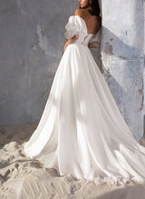 Elegant Sweetheart Short Sleeves Court Train Tulle Wedding Dress Split Front-Dbrbridal