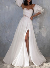 Elegant Sweetheart Short Sleeves Court Train Tulle Wedding Dress Split Front-Dbrbridal