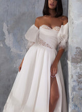 Elegant Sweetheart Short Sleeves Court Train Tulle Wedding Dress Split Front-Dbrbridal