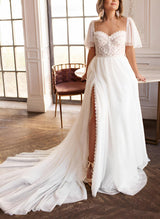 Elegant Sweetheart Short Sleeves Sweep Train Plus Size Wedding Dresses-Dbrbridal
