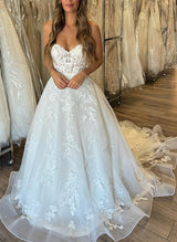 Elegant Sweetheart Sleeveless Chic A-line Court Train Lace Tulle Wedding Dresses-Dbrbridal
