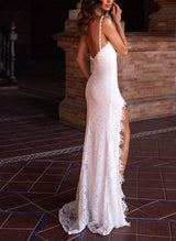 Elegant Sweetheart Sleeveless Lace Wedding Dress Split Front Sweep Train-Dbrbridal