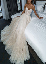 Elegant Sweetheart Sleeveless Sequined Chic A-line Wedding Dress Beaded Sweep Train-Dbrbridal