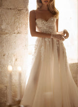 Elegant Sweetheart Sleeveless Summer Beach Resort Boho Garden Wedding Dress Sweep Train in Tulle-Dbrbridal