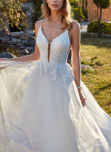 Elegant Sweetheart Sleeveless Sweep Train Tulle Wedding Dresses Lace-Dbrbridal