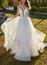 Elegant Sweetheart Sleeveless Sweep Train Tulle Wedding Dresses Lace-Dbrbridal