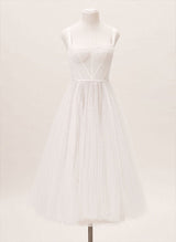 Elegant Sweetheart Sleeveless Tulle Tea-Length Wedding Dresses Pleated Chic A-line-Dbrbridal