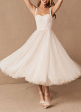 Elegant Sweetheart Sleeveless Tulle Tea-Length Wedding Dresses Pleated Chic A-line-Dbrbridal
