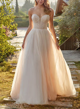 Elegant Sweetheart Sweep Train Tulle Ball-Gown Wedding Dresses-Dbrbridal