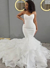 Elegant Sweetheart Tulle Elastic Satin Wedding Dresses Cascading Ruffles Mermaid Fitted-Dbrbridal